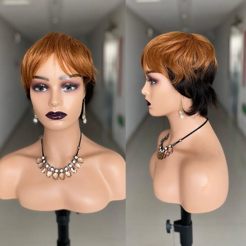 Straight Short Pixie Cut Wigs With Bangs For Women Ombre Brown Red Brazilian Human Hair Wigs Full Machine Made Wigs
