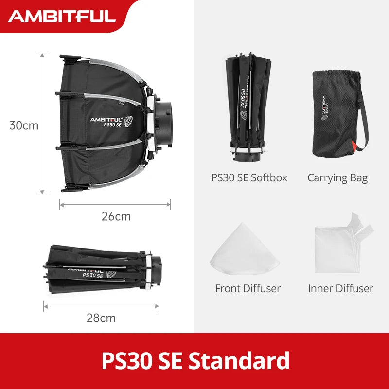 AMBITFUL PS30/PS50 SE 30cm 55cm Mini Quickly Release Bowens Mount Octagon Softbox + Honeycomb Grid Outdoor SoftBox for LED Flash