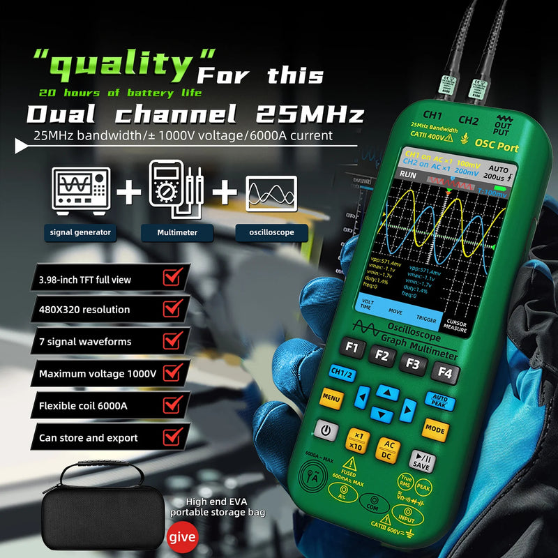 BSIDE 4-IN-1 Handheld Oscilloscope Digital Multimeter+Function Signal Generator Dual Channel O7:25MHz/O9:50MHz Current Tester