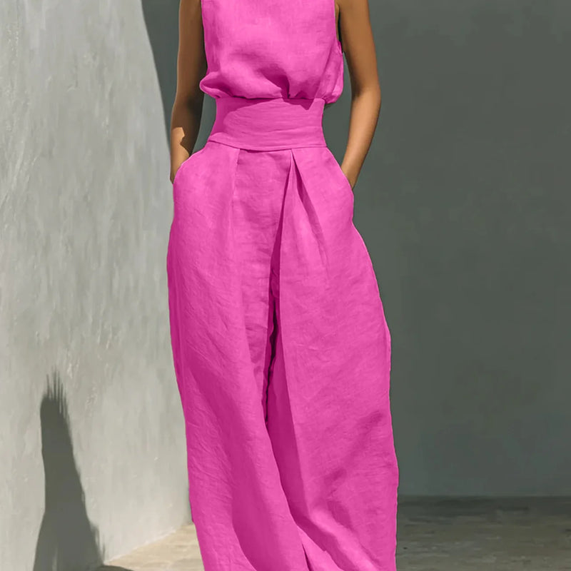 2026 Sleeveless Top+Wide Leg Pants Summer Casual Two-Piece Set Elegant And Loose Office Set High Street Pocket Women's Suits