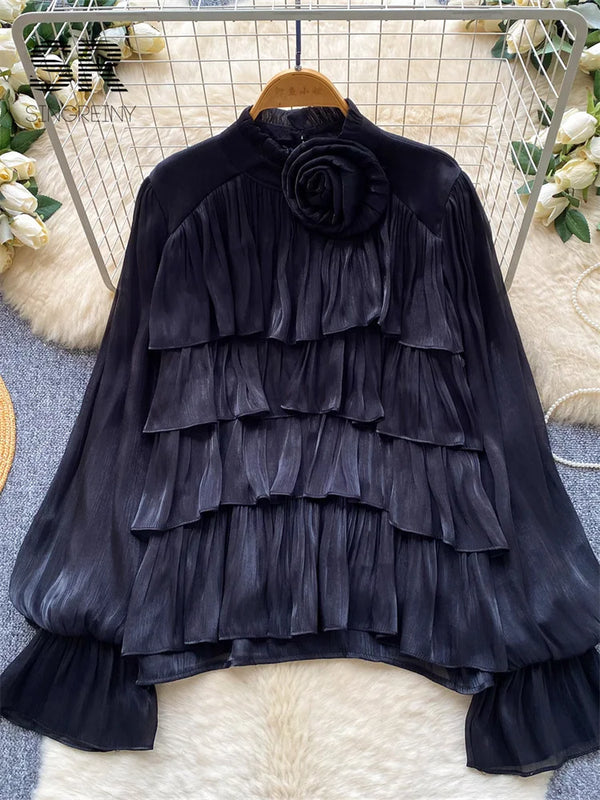 SINGREINY Autumn 3D Floral Chiffon Blouse Ruffle Full - View 4 | SAMAG