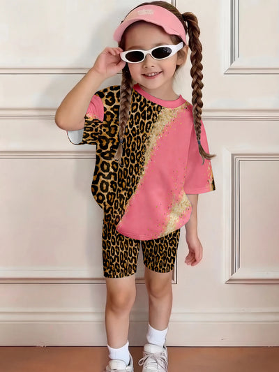 Pink leopard print patchwork casual T - shirt and shorts | SAMAG