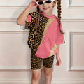 Pink leopard print patchwork casual T - shirt and shorts | SAMAG