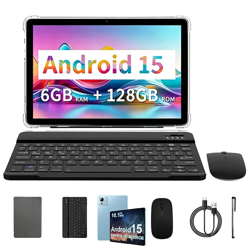 Tablet 10.1 Inch Android 15 Octa-Core 6GB RAM 128GB ROM 1280x800 IPS Tablets PC WiFi 5 Bluetooth Keyboard Set
