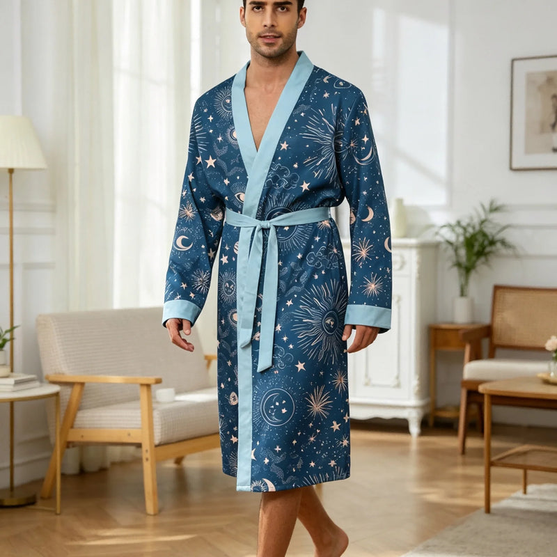 Men's lightweight quick-drying pajama bathrobe - 3D digital printing, non-fading design, stand-up collar and adjustable waistban