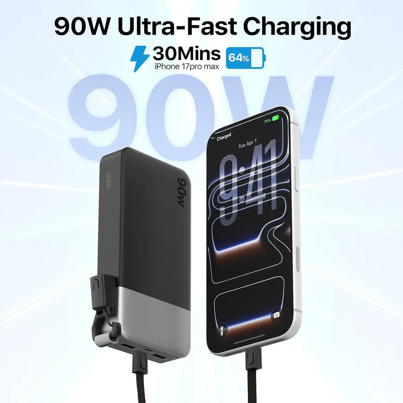 Portable Charger 20000mAh 90W Power Bank w/Detachable Cable | 2C+2A USB-C Fast Charging Battery Pack with LED Display