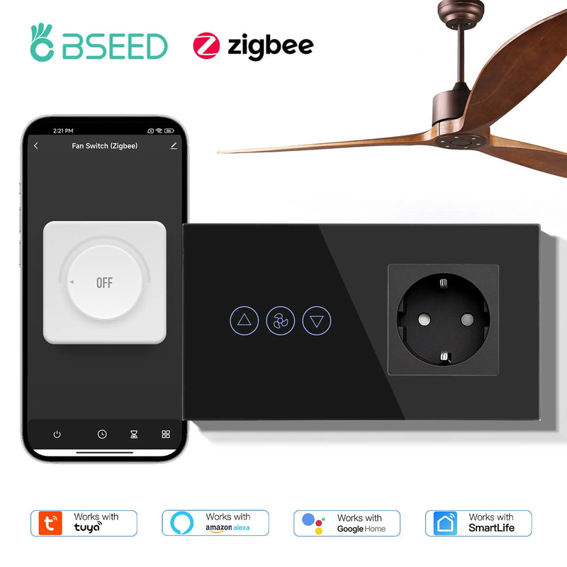 BSEED Zigbee Fans Switches Smart Wall Touch  Speed Control Switch With EU Socket Support Tuya Smart Life Alexa Voice Control