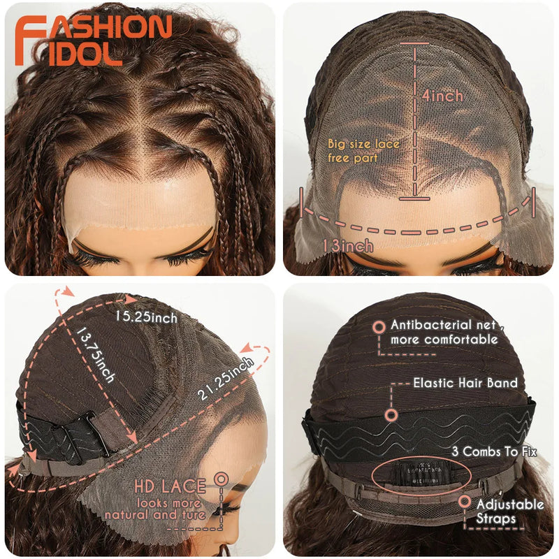 FASHION IDOL 32 inch 13x4 Box Braided Lace Frontal Wigs For Black Women Synthetic Brown Twist Faux Locs Wigs Goddess Braids Wigs