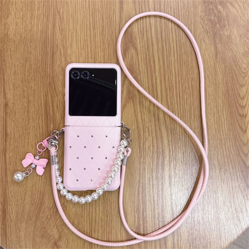 Luxury Glitter Diamond Check Phone Case With Bow Pendant Leather Strap for Motorola Razr 60 Ultra Razr2025 Razr 50Ultra Cover