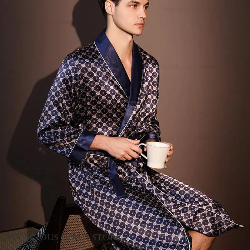 Pajama Men's Robe Kimono Gown Bathrobe with Pockets Print Sleepwear Home Clothing Spring Autumn Satin Nightwear Loose Loungewear