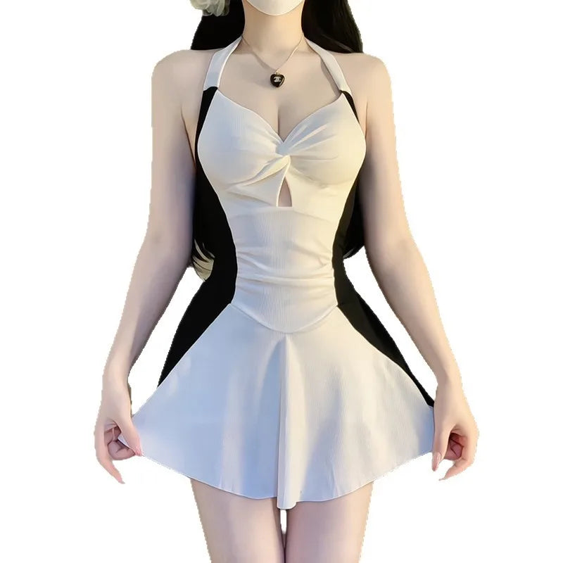 Elegant Black White Halter One Piece Swimsuit Dress | SAMAG