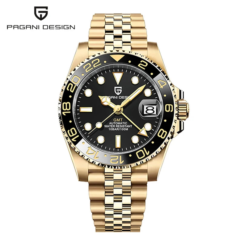 Top PAGANI DESIGN PD1662 Men GMT Automatic Mechanical Watch Black Ceramic Bezel Sapphire Glass 100M Waterproof Jubilee Stainless Steel Bracelet Sports Diver Wristwatch Reloj Hombre+gift box