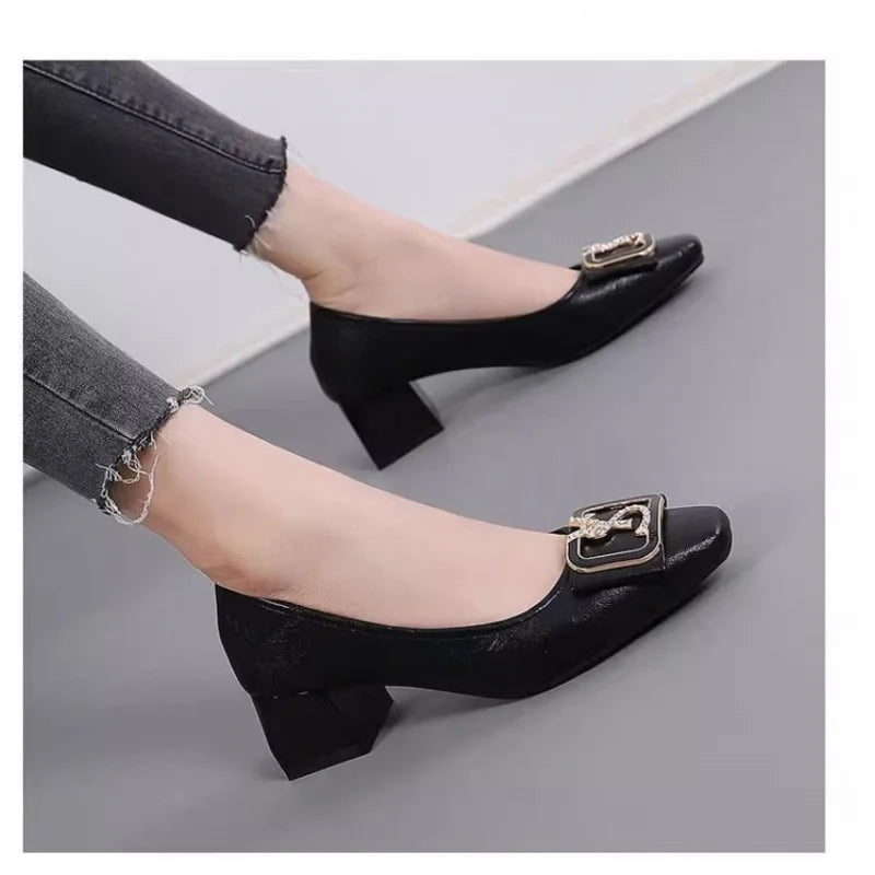 2026 New Women's Square Toe Chunky High Heels - Rhinestone Metal Buckle Commuter Pumps, Elegant Mid Heel Office Pumps