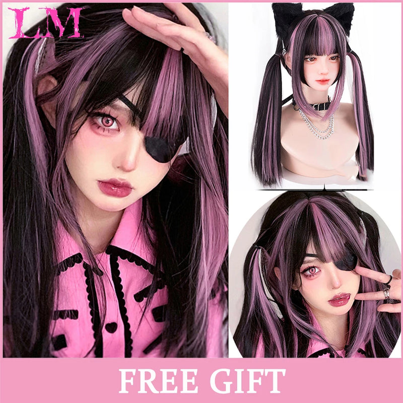 LM Medium Length Pink Cosplay Wig Heat Resistant Costume Party Synthetic Wigs 2 Clip On Ponytail 7 Colors