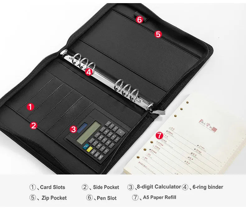 Multifunction Padfolio A5 Binder Notebook Zipper Portfolio With Calculator Personal Business Manager's Folder Office Supplies