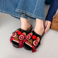 Women Chinese Style Lion Head Slippers Vintage Ethnic Open Toe Clogs Plush Warm Indoor Outdoor Casual Fashion Slide Footwear