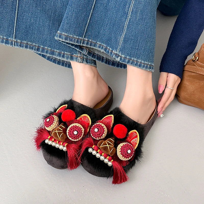Women Chinese Style Lion Head Slippers Vintage Ethnic Open Toe Clogs Plush Warm Indoor Outdoor Casual Fashion Slide Footwear