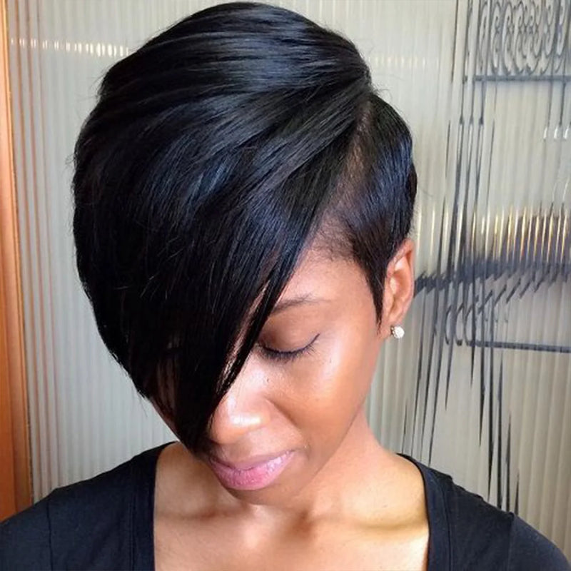 Human Hair Short Pixie Cut Wig Layered Pixie Cut Wig Pixie Cut With Long Side Bangs Full Machine Made Cap For Black Women