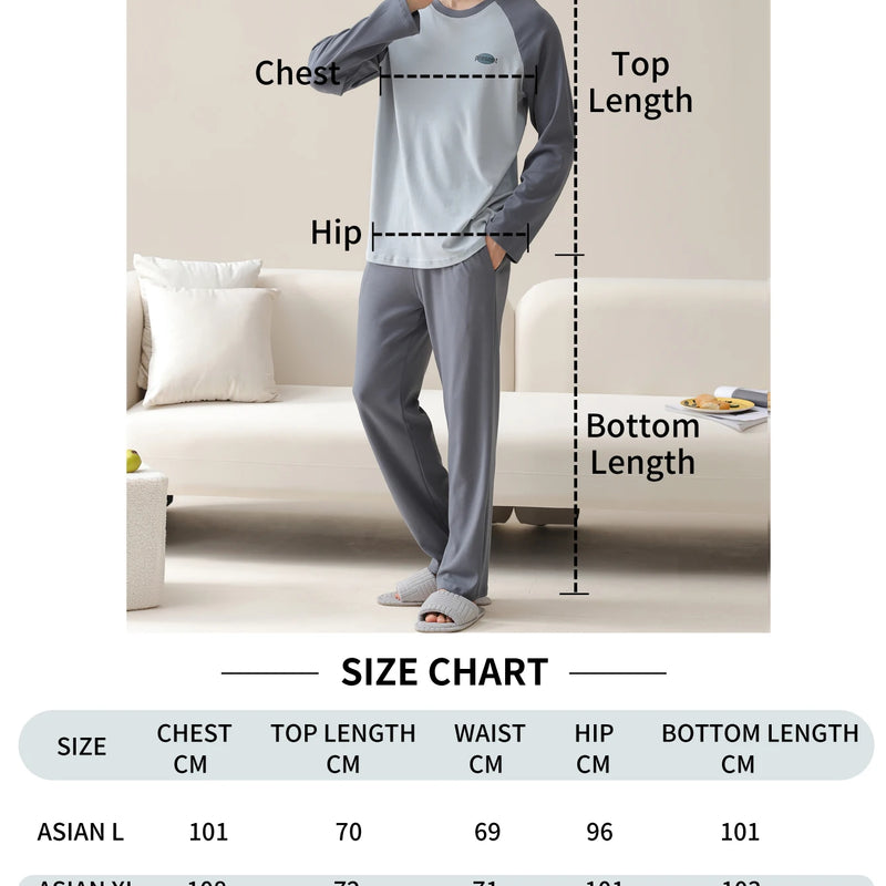 Men's 100% Cotton Long Sleeved Four Season Plus Size Men's Sleepwear, Teenage Pure Cotton Home Suit Set for Warmth