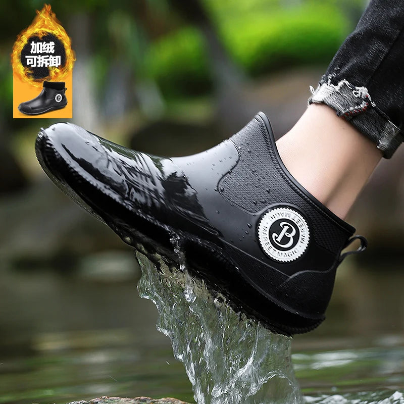 Men's Winter Fleece Lined Short Rain Boots Waterproof Non Slip Work Safety Rubber Boots Warm Cotton Shoes Kitchen Work Shoes