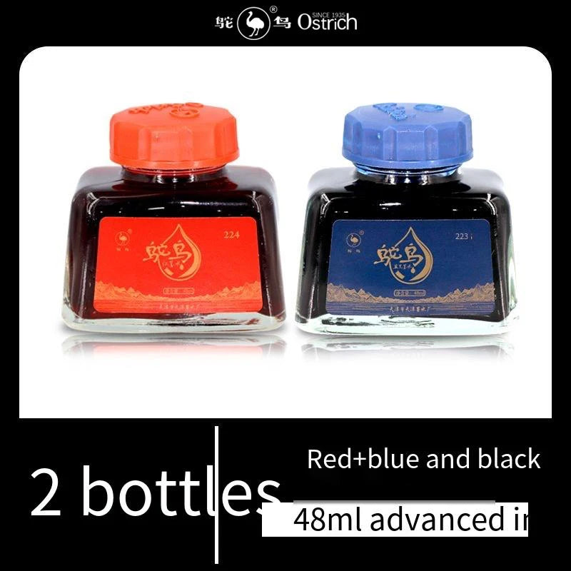 Ostrich 2-Series Fountain Pen Ink, 48ml - Non-clogging Carbon-Free in 4 Colors (Black/Blue/Blue-Black/Red)