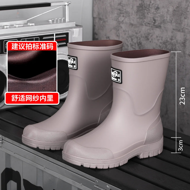 New Men's Style Rain Boots Fashion Mid-calf Waterproof Boots Work Warm Water Boots Wear-resistant Non-slip Fishing Rubber Shoes