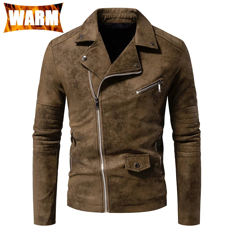 Men PU Leather Jacket Faux Fur Fashion British Thickened Plush Autumn Winter Warm Leather Jackets High-End Business Leather Coat