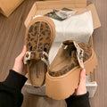 New Summer Women Faux Suede Leopard Print Buckle Strap Chunky Platform Mules Sandals Clogs Round Toe Casual Slippers Shoes Women