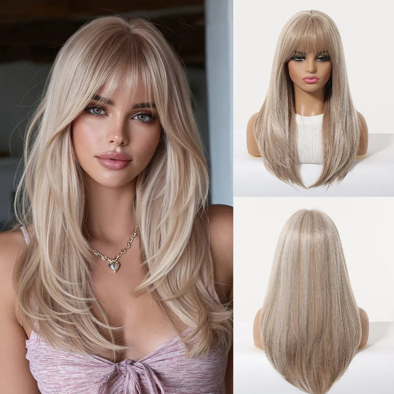 EASIHAIR Medium Length Wavy Blonde Synthetic Wig With Bangs For Women Natural Wigs Hair Heat Resistant Daily Party Cosplay Use