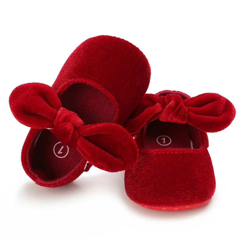 0-18M Newborn Infant Baby Girls Shoes Velvet Red Christmas 0-18M Princess Girl Baby Shoes Bow First Walkers