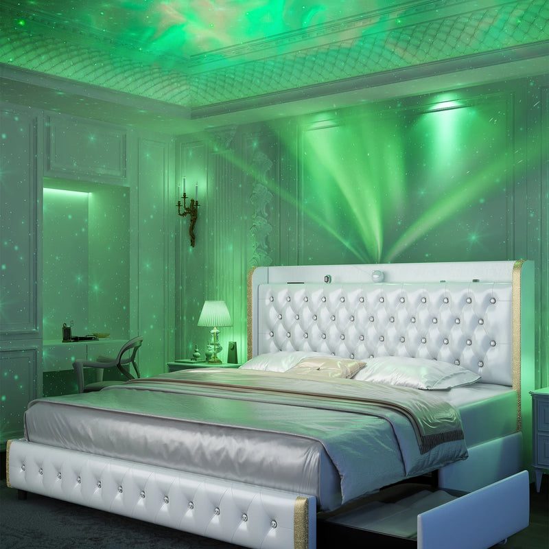 GEGOFORU Queen LED Bed Frame with Galaxy Projector, Bluetooth Speaker, USB Ports, 4 Drawers, No Box Spring Needed, PU Black