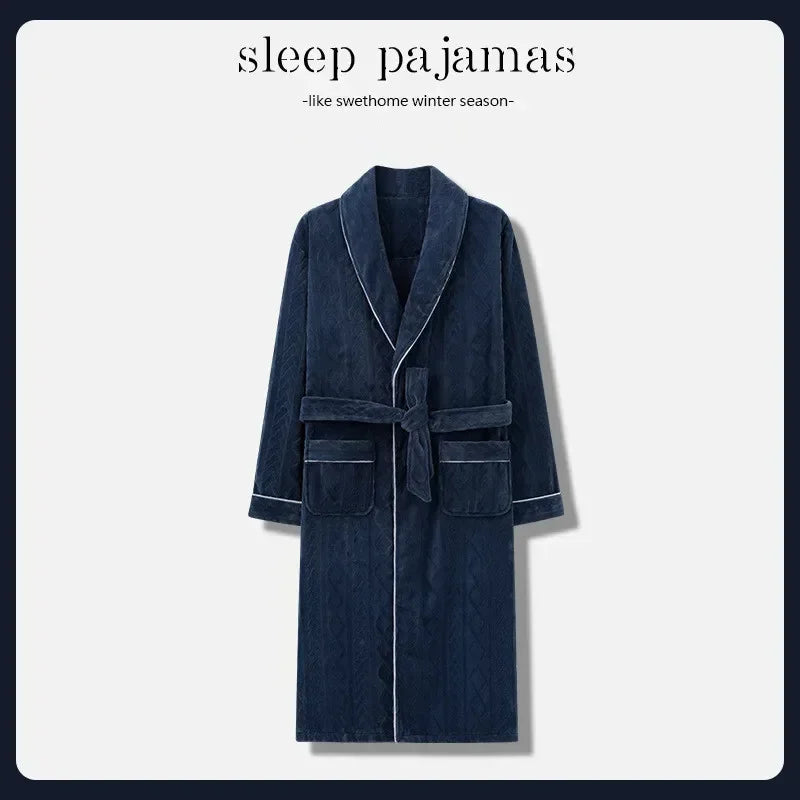 2026 Men's Autumn Winter Flannel Pajama Robes Thickened Warm Lace Up Bath Robes Men Loose Lounge Homewear Coral Fleece Nightgown