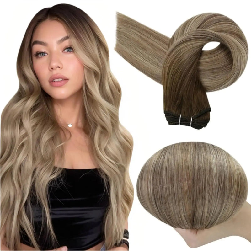 Full Shine Human Hair Weft Extensions Hair Bundles Ombre Blonde Color 100g Sew In Silky Straight Remy Skin Double Weft For Salon