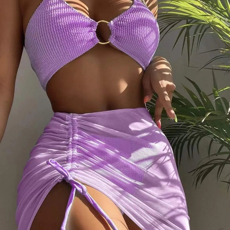 New High Elastic Bikini Set for Summer Three-piece Solid | SAMAG