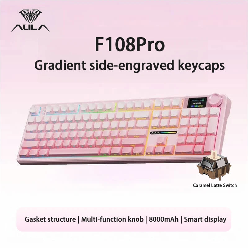 AULA F108 Pro Triple-mode Bluetooth 2.4G Wired Mechanical Keyboard Fully Customizable Hot-swappable Keys Gasket Structure RGB