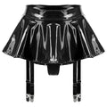 Lingerie Sexy Set Women Wetlook Patent Leather Wire-free Open Cup Sexy Bra with Ruffle Built-in Thongs Garter Belt Mini Skirts