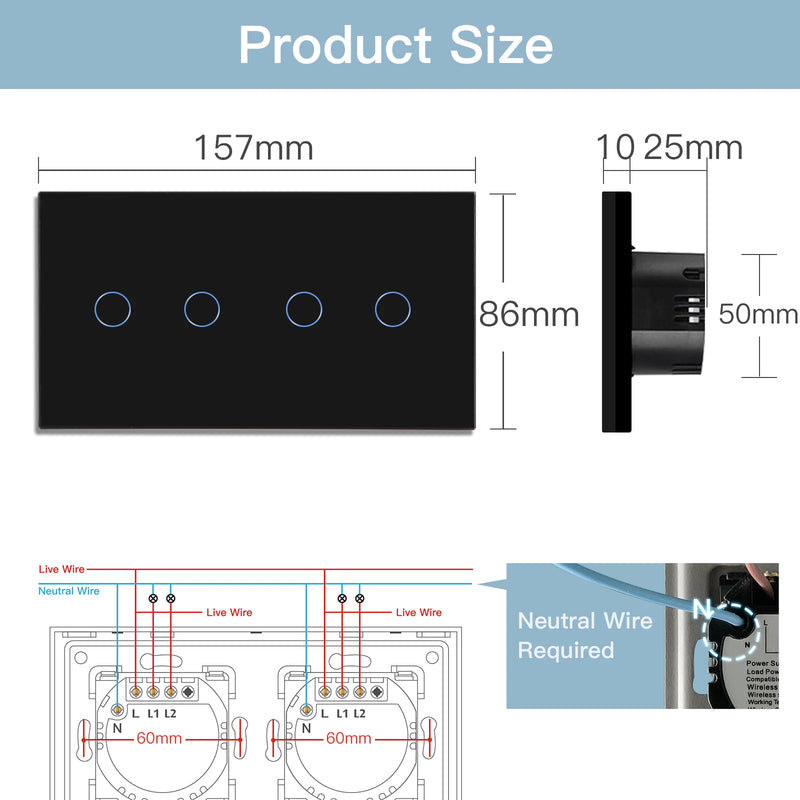 BSEED WIFI Double Light Switches 2/4/6 Gang 1/2/3 Way Wireless Touch Sensor Wall Switches Google Alexa Smart Life App Control