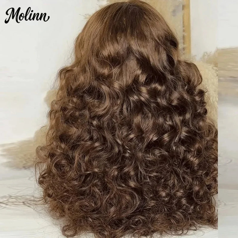 Chocolate Brown Wig Body Wave Lace Front Wig With Bangs 13x4 HD Synthetic Lace Frontal Wig for Women Glueless On Clearance Sale