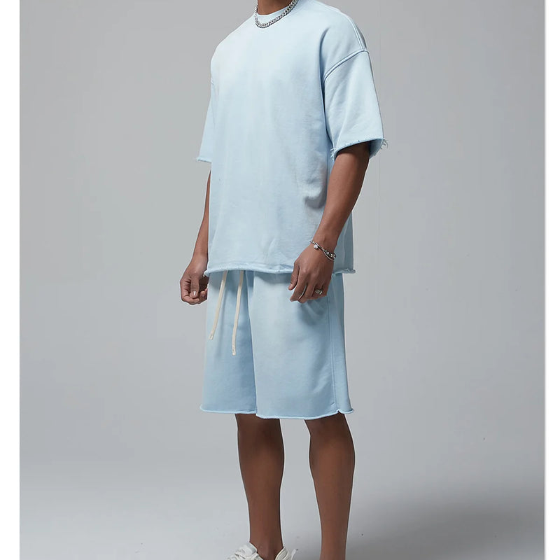 QICHE Spray Washed Faded Brushed Matching Set Men Women 2026 Summer Loose Short Sleeve Shorts