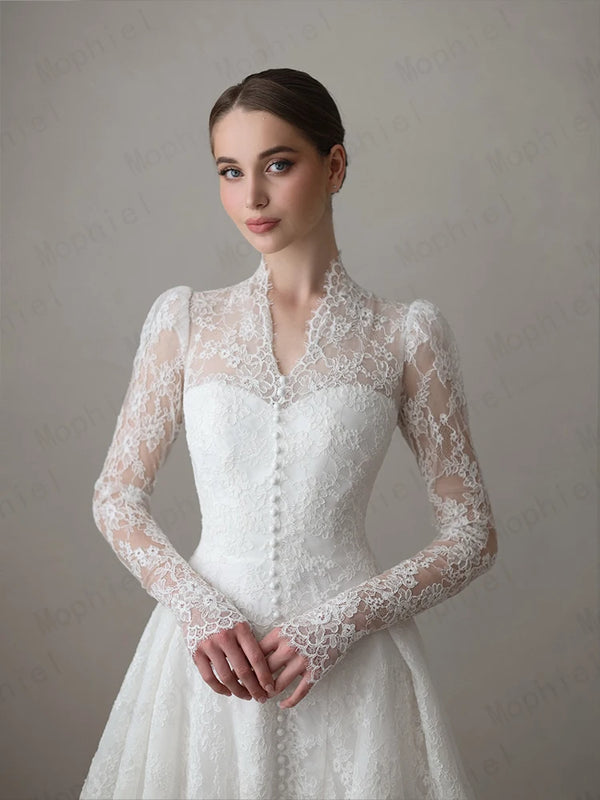 Mophiel Lace Weddings Dresses High Collar Long Illusion - View 2 | SAMAG