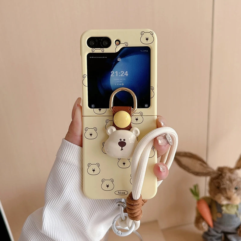 Cute 3D Bear Hand Strap Case for Samsung Galaxy Z Flip 6 5 4 3 Lanyard Ring Holder Shockproof Cover for Samsung Flip6 ZFlip5