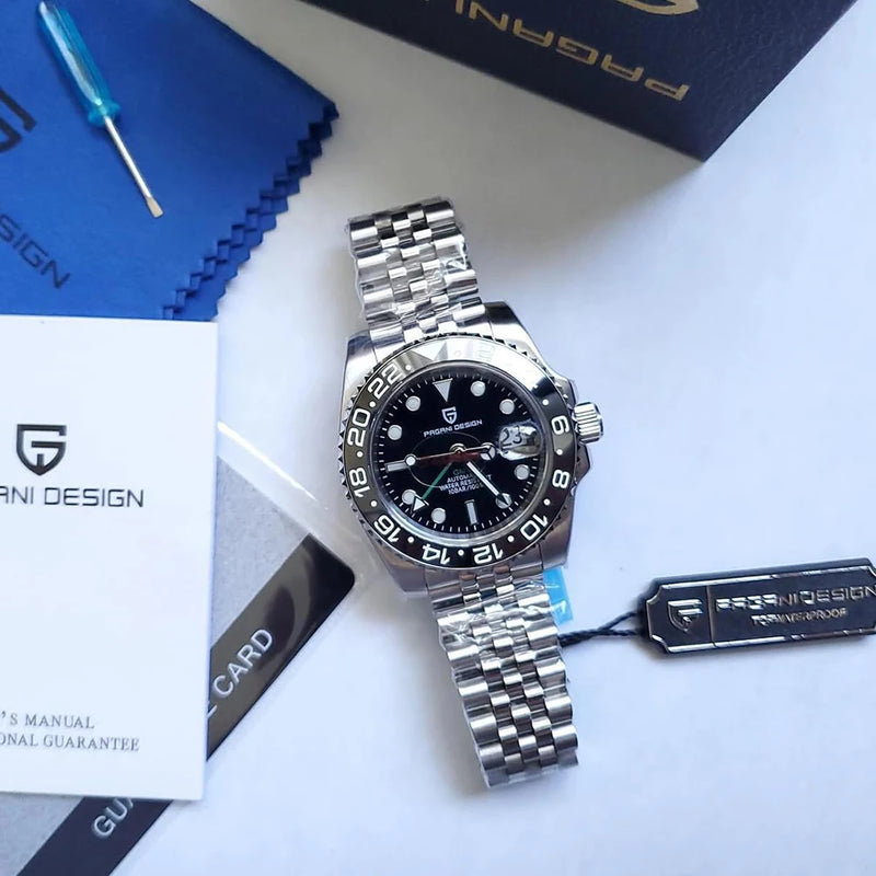 Top PAGANI DESIGN PD1662 Men GMT Automatic Mechanical Watch Black Ceramic Bezel Sapphire Glass 100M Waterproof Jubilee Stainless Steel Bracelet Sports Diver Wristwatch Reloj Hombre+gift box