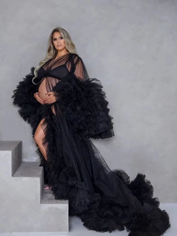 Women's Dressing Gown Perspective Sheer Long Tulle Robe Puffy Pregnancy Maternity Dress for Baby Shower Nightgown Sleepwear