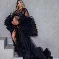Women's Dressing Gown Perspective Sheer Long Tulle Robe Puffy Pregnancy Maternity Dress for Baby Shower Nightgown Sleepwear