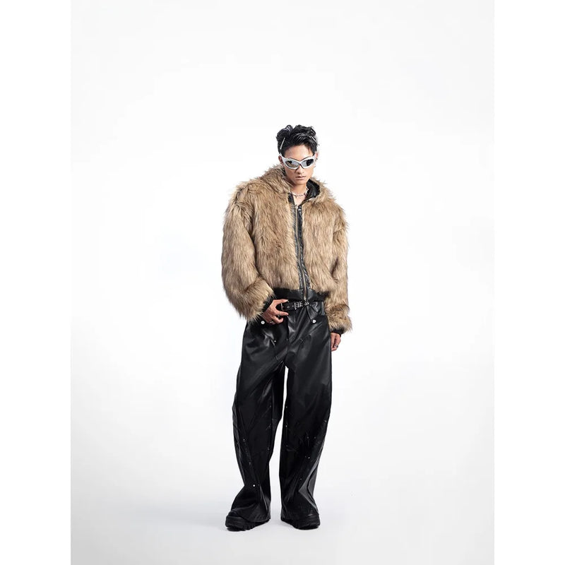 American Style Men's Padded Jackets PU Leather Reversible Faux Fur Fleece Thickened Solid Color Loose Male Coats Tide