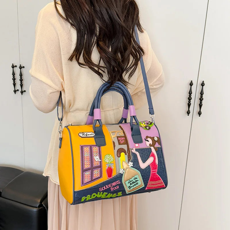 Women PU Leather Boston Handbag Large Capacity Zipper Crossbody Shoulder Bag Casual Ladies Messenger Bag
