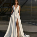Customized Simple A - Line Wedding Dress Satin Side Slit | SAMAG