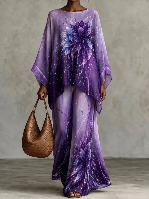 Women 2 Piece Outfit Floral Print Loose Batwing Sleeve Blouse Wide Leg Pants Set Casual Bohemian Vacation Two‑Piece Suit Autumn