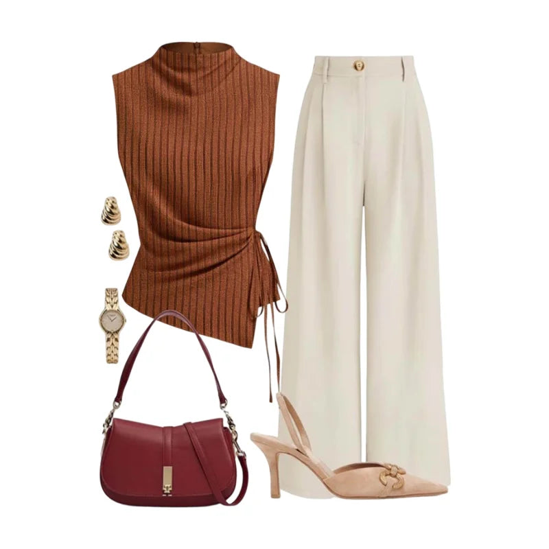Women's Sleeveless Side Tie Top Matching High Waist Wide Leg Pants For Office Daily Dinner Casual Fashion Occasions