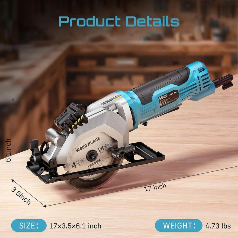SEESII Mini Circular Saw 4.8A 4000RPM Corded Compact 4 - 1/2" with Laser 45° Bevel Cut and Dust extraction - View 7 | SAMAG